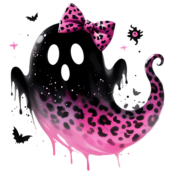 Este lindo fantasma presenta un diseño con estampado de leopardo negro y rosa con un lazo encantador, creando una apariencia divertida y caprichosa.