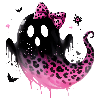 Este lindo fantasma presenta un diseño con estampado de leopardo negro y rosa con un lazo encantador, creando una apariencia divertida y caprichosa.