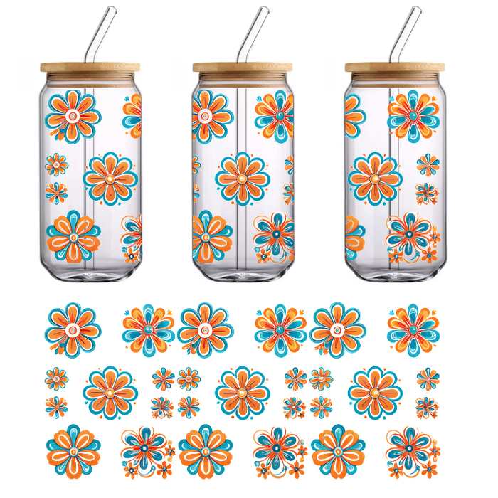 A vibrant collection of orange and turquoise flowers in various sizes and styles, perfect for decorative use.UV Transfers dtf prints