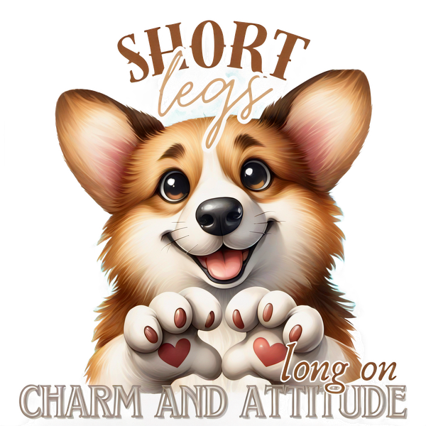 Una encantadora ilustración de un corgi feliz, que muestra sus patas cortas y su personalidad juguetona con un mensaje caprichoso.