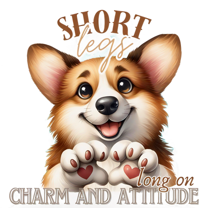 Una encantadora ilustración de un corgi feliz, que muestra sus patas cortas y su personalidad juguetona con un mensaje caprichoso.