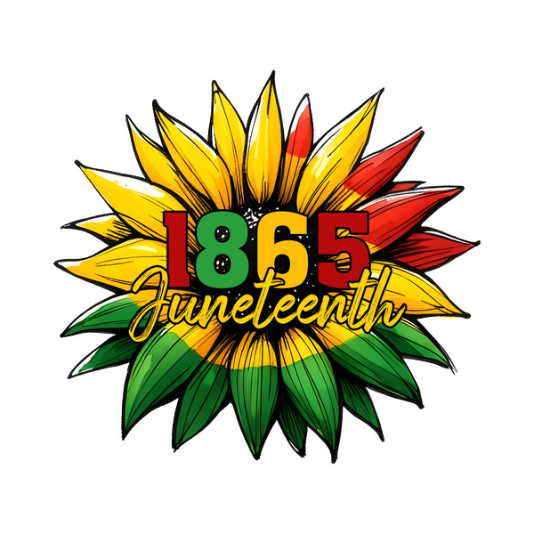 Vibrant Juneteenth design featuring a flower motif, with bold colors and the year "1865" prominently displayed.