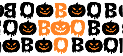 A fun Halloween-themed graphic featuring orange "BOO" lettering surrounded by grinning jack-o'-lanterns for a playful spooky vibe.UV Transfers dtf prints