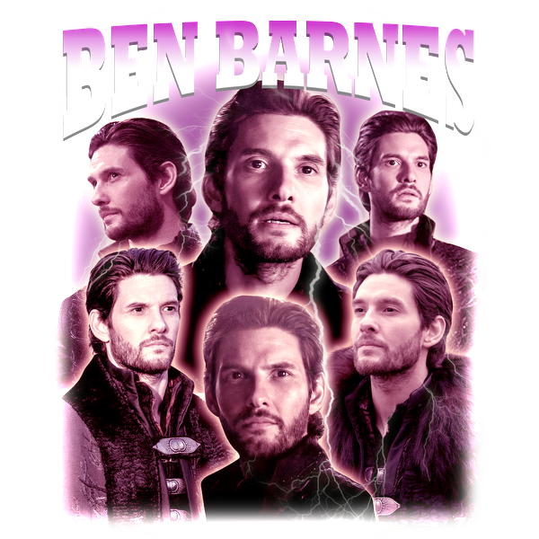 Un collage vibrante que presenta múltiples poses de un hombre con cabello oscuro, resaltado por un fondo rosa brillante, con la etiqueta "Ben Barnes". Transferencias DTF