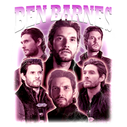 Un collage vibrante que presenta múltiples poses de un hombre con cabello oscuro, resaltado por un fondo rosa brillante, con la etiqueta "Ben Barnes". Transferencias DTF