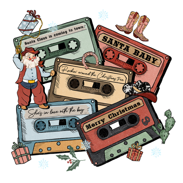 A festive design featuring colorful cassette tapes with Christmas song titles and a cheerful Santa, perfect for holiday charm. dtf prints