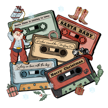 A festive design featuring colorful cassette tapes with Christmas song titles and a cheerful Santa, perfect for holiday charm. dtf prints