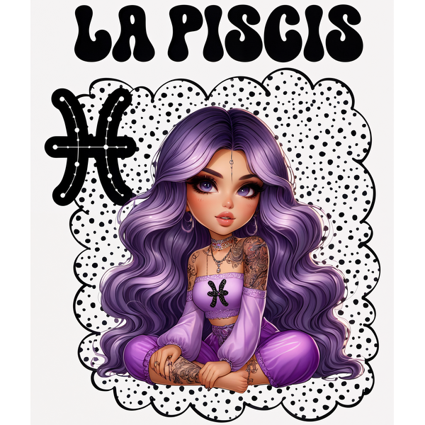 Una ilustración vibrante de una mujer joven con cabello largo de color morado, tatuada y vistiendo un traje morado a juego, que representa a Piscis.