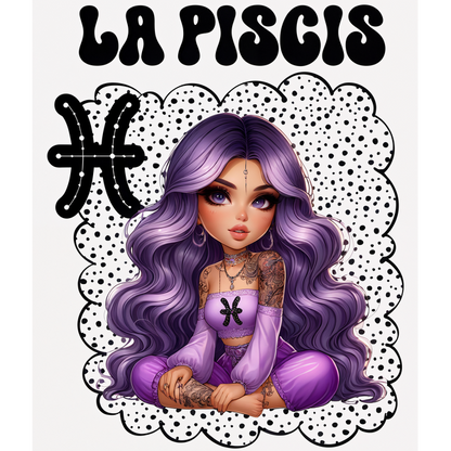 Una ilustración vibrante de una mujer joven con cabello largo de color morado, tatuada y vistiendo un traje morado a juego, que representa a Piscis.