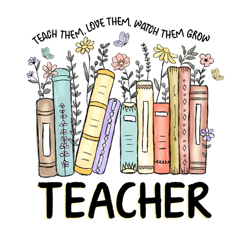 A charming illustration of colorful books adorned with flowers and butterflies, highlighting the word "TEACHER" in a whimsical style.DTF Transfers