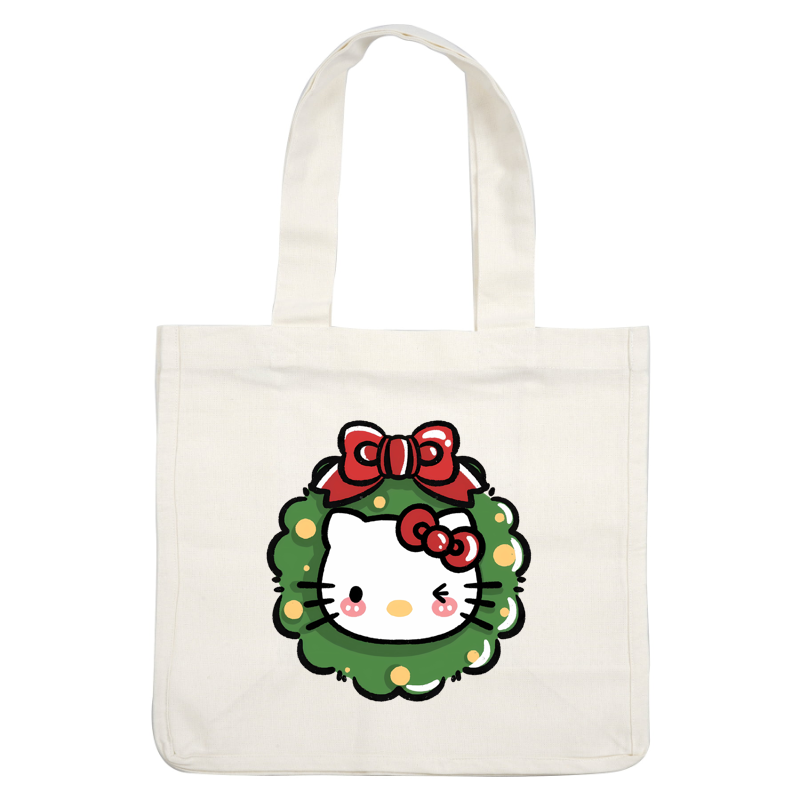 This adorable illustration features Hello Kitty peeking through a festive wreath adorned with bright red bows and cheerful ornaments.DTF Transfers