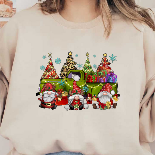 A cheerful holiday scene featuring playful gnomes, a vintage green truck, colorful wrapped gifts, and festive Christmas trees.DTF Transfers heat press transfers dtf prints