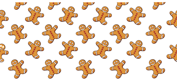 A playful pattern of cheerful gingerbread men, each adorned with colorful buttons and a friendly smile against a dark background.UV Transfersdtf regular iron