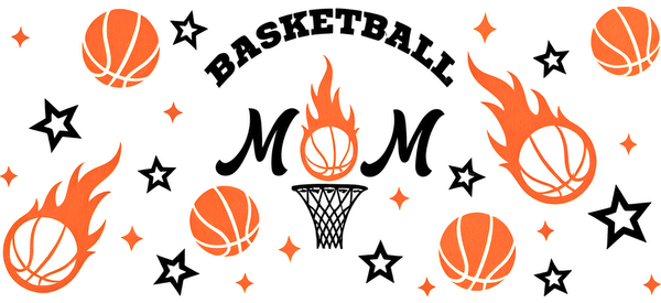 A vibrant and playful basketball-themed design featuring flaming basketballs and stars, perfect for a sports enthusiast mom.UV Transfers dtf transfers