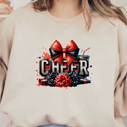 Un gráfico vibrante que presenta la palabra "CHEER" adornado con un lazo divertido, pompones y una bebida, perfecto para ocasiones festivas. Transferencias DTF