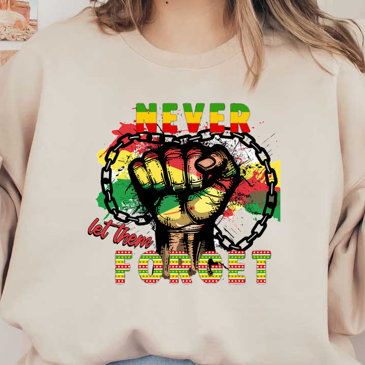 A powerful graphic featuring a raised fist with a chain, colored in vibrant hues, emphasizing the message "Never let them forget." dtf transfers