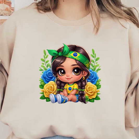 A cute chibi girl wearing a Brazilian flag-themed outfit, surrounded by colorful flowers, exuding a joyful and vibrant spirit.DTF Transfers dtf prints