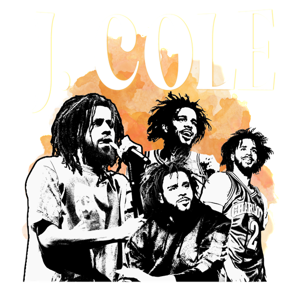 A vibrant graphic featuring various artistic representations of J. Cole, highlighted against a warm, colorful background.DTF Transfersdtf regular iron