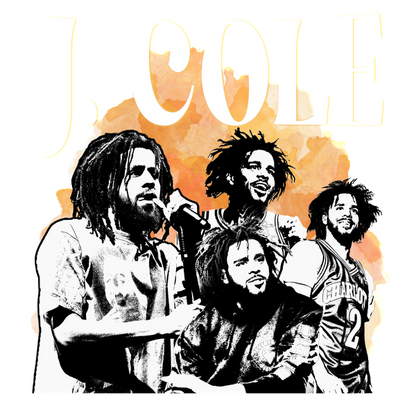 A vibrant graphic featuring various artistic representations of J. Cole, highlighted against a warm, colorful background.DTF Transfersdtf regular iron