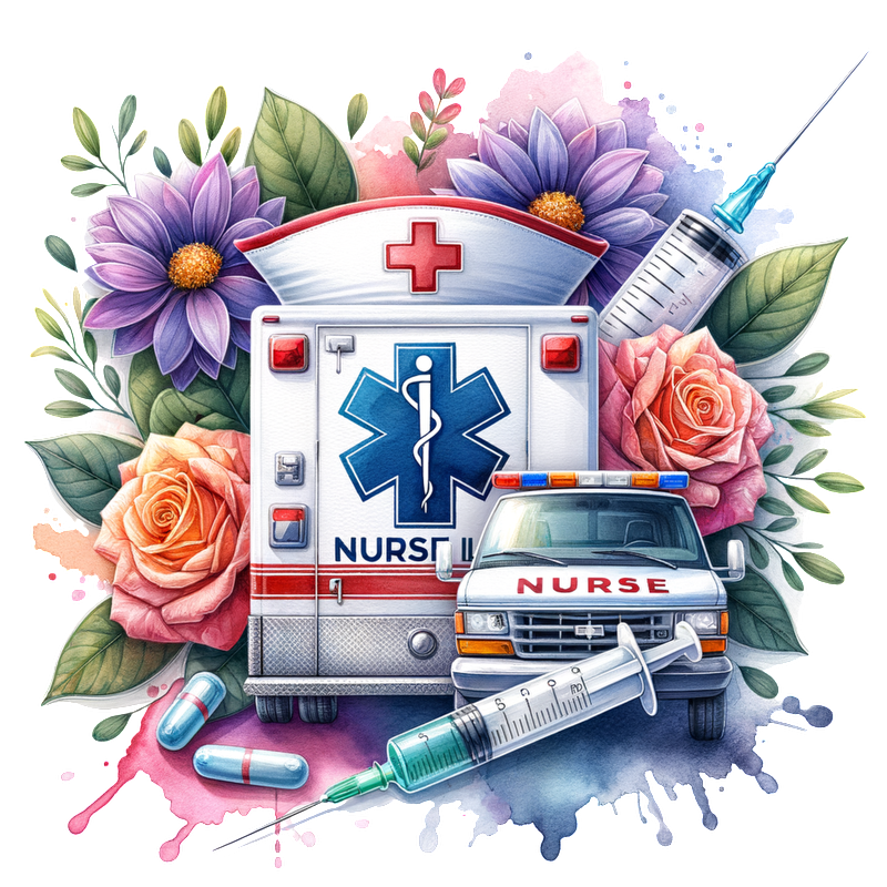 A vibrant illustration featuring an ambulance adorned with flowers, syringes, and medical symbols, celebrating the nursing profession.DTF Transfers