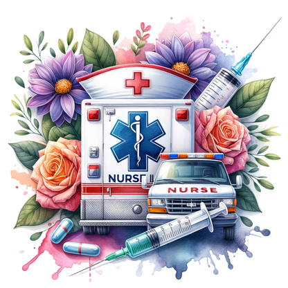 A vibrant illustration featuring an ambulance adorned with flowers, syringes, and medical symbols, celebrating the nursing profession.DTF Transfers