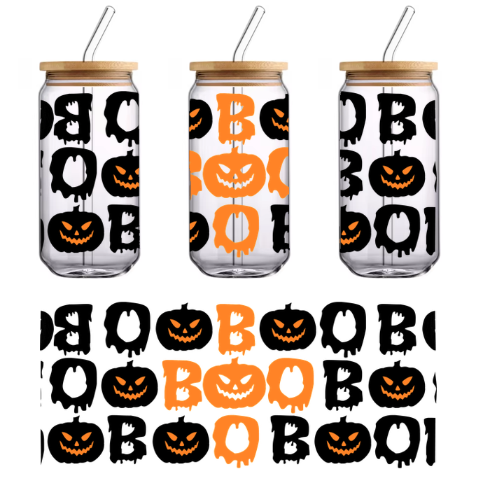 A fun Halloween-themed graphic featuring orange "BOO" lettering surrounded by grinning jack-o'-lanterns for a playful spooky vibe.UV Transfers dtf prints