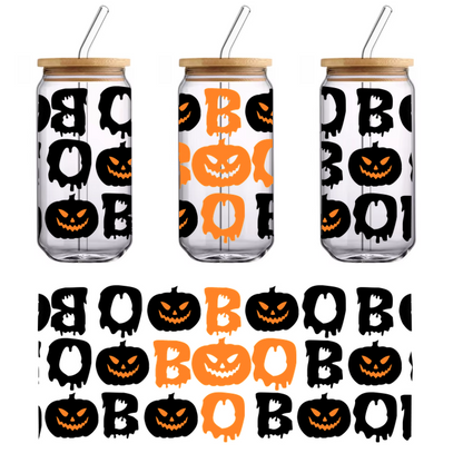 A fun Halloween-themed graphic featuring orange "BOO" lettering surrounded by grinning jack-o'-lanterns for a playful spooky vibe.UV Transfers dtf prints