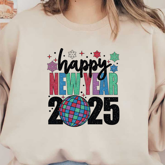 Celebrate the arrival of 2025 with this colorful "Happy New Year" design featuring a sparkling disco ball and festive snowflakes!DTF Transfers heat press transfers