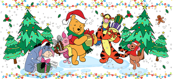 Join Winnie the Pooh and friends in a festive winter scene, celebrating with gifts and holiday cheer in a snowy wonderland!UV Transfers dtf prints