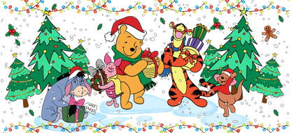 Join Winnie the Pooh and friends in a festive winter scene, celebrating with gifts and holiday cheer in a snowy wonderland!UV Transfers dtf prints