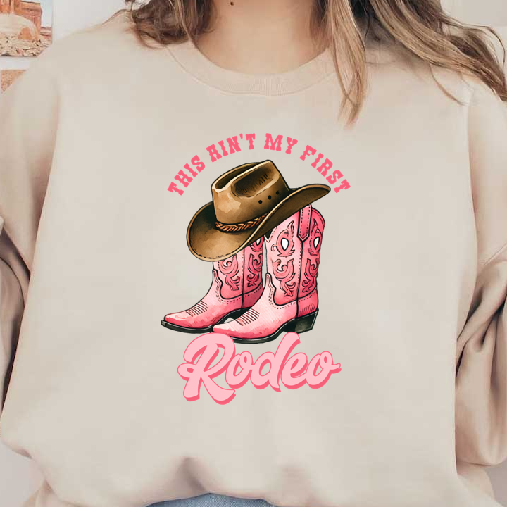 Un diseño divertido con botas de vaquero rosas y un sombrero de vaquero clásico, combinado con la divertida frase "Este no es mi primer rodeo".