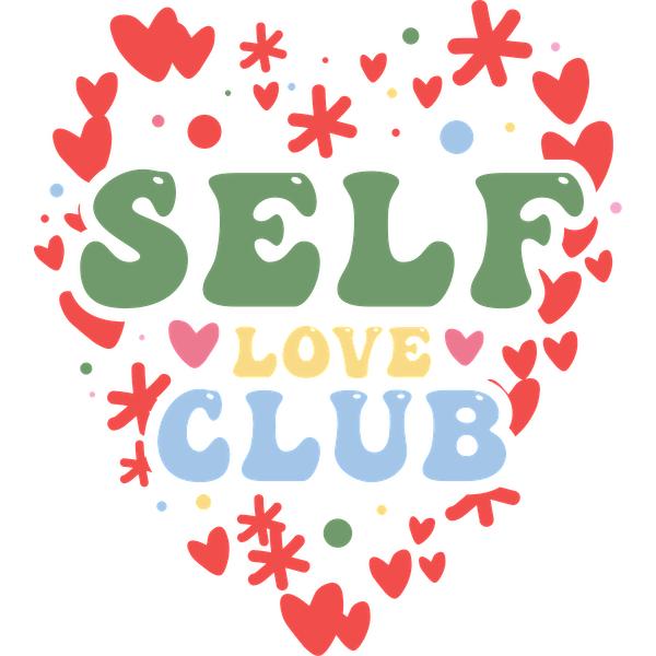 ¡Únete al vibrante "Club del amor propio" con este diseño en forma de corazón, que presenta letras coloridas y divertidos motivos de corazones!