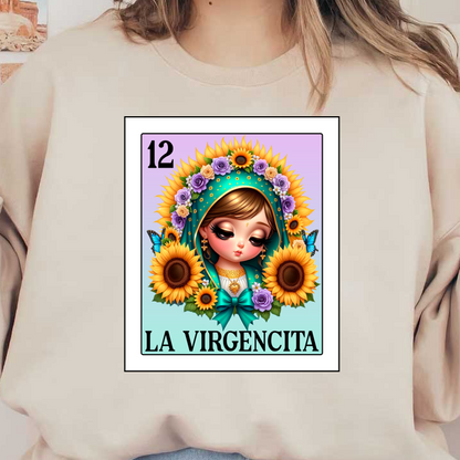 Una colorida ilustración de "La Virgencita", que presenta a una niña serena adornada con girasoles, rosas y mariposas, rodeada de vibrantes detalles florales.