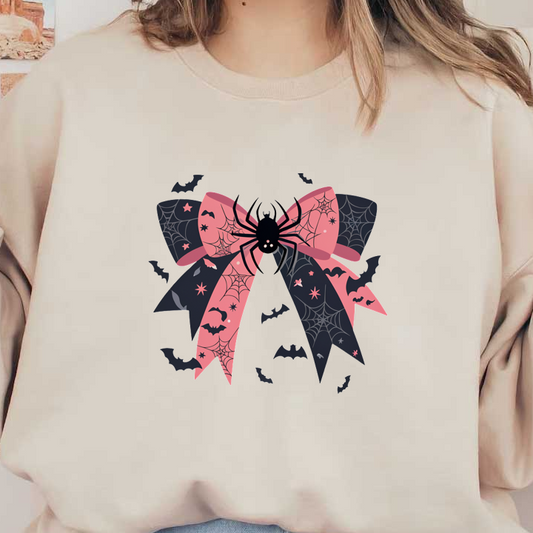 Un lazo festivo de Halloween que presenta una araña, murciélagos y telarañas en divertidos colores rosa y oscuro, perfecto para decoración.