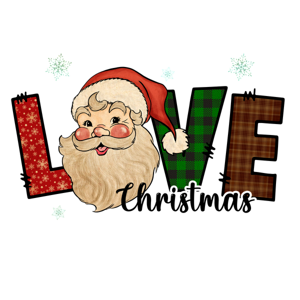 A festive illustration featuring Santa Claus along with colorful letters spelling "LOVE," adorned with snowflakes and cheerful patterns. dtf prints