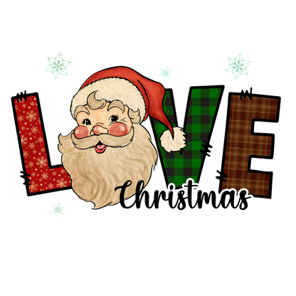 A festive illustration featuring Santa Claus along with colorful letters spelling "LOVE," adorned with snowflakes and cheerful patterns. dtf prints