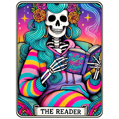 A colorful illustration of a skeleton reading a book, adorned with vibrant blue hair and roses, titled "The Reader." dtf transfers