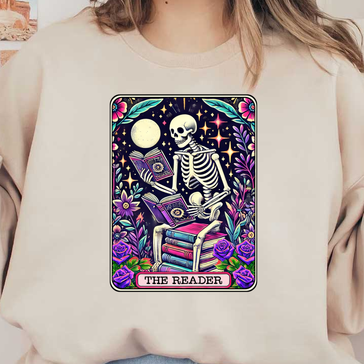 A colorful illustration featuring a skeleton reading a book, surrounded by vibrant flowers and moonlit stars, titled "The Reader." dtf transfers