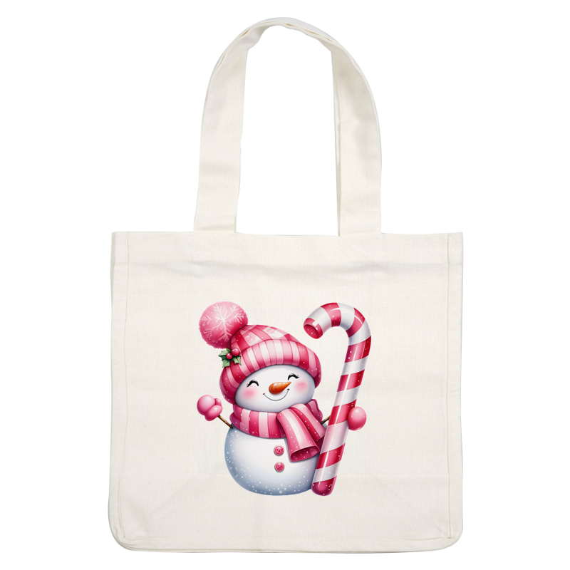 Cheerful snowman adorned with a pink striped hat and scarf, happily holding a candy cane, perfect for the festive season! dtf prints