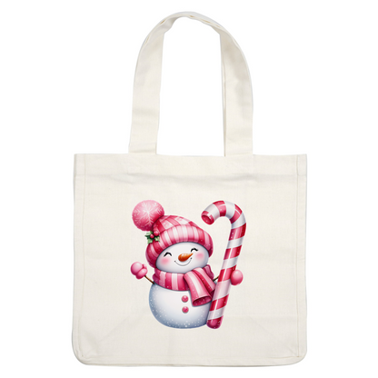 Cheerful snowman adorned with a pink striped hat and scarf, happily holding a candy cane, perfect for the festive season! dtf prints