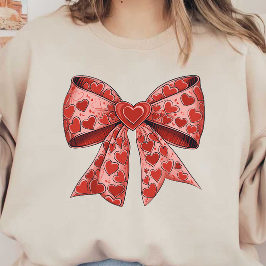 A vibrant pink bow adorned with red hearts, perfect for expressing love and adding a charming touch to gifts.DTF Transfers