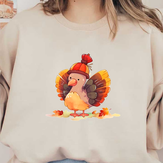 A cute cartoon turkey wearing a colorful hat, surrounded by vibrant autumn leaves, radiating playful charm. heat press transfers