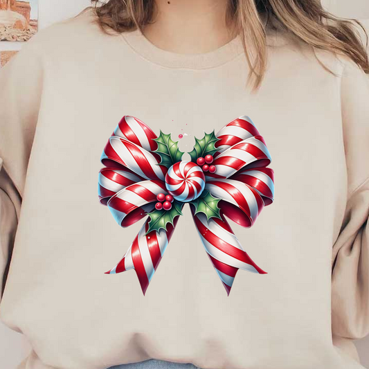 A festive red and white striped bow adorned with candy, holly leaves, and berries, perfect for Christmas decorations. dtf transfers