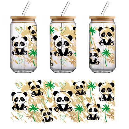 A whimsical illustration featuring adorable pandas surrounded by palm trees and playful hearts, perfect for nature lovers!UV Transfers dtf prints