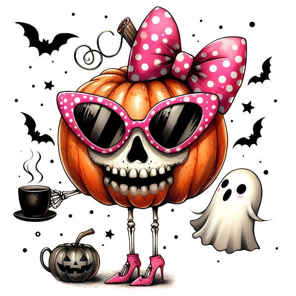 Un personaje de calabaza caprichoso con cara de calavera, elegantes gafas de sol rosas, un lazo de lunares y compañeros espeluznantes.