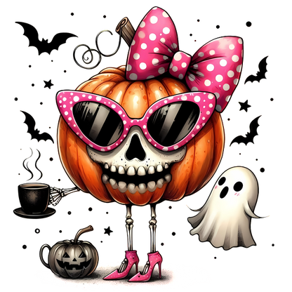 Un personaje de calabaza caprichoso con cara de calavera, elegantes gafas de sol rosas, un lazo de lunares y compañeros espeluznantes.