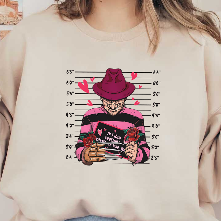 Una divertida ilustración de un personaje de terror con una camisa de rayas y un sombrero rosa, sosteniendo una tarjeta con temática de amor rodeada de rosas.