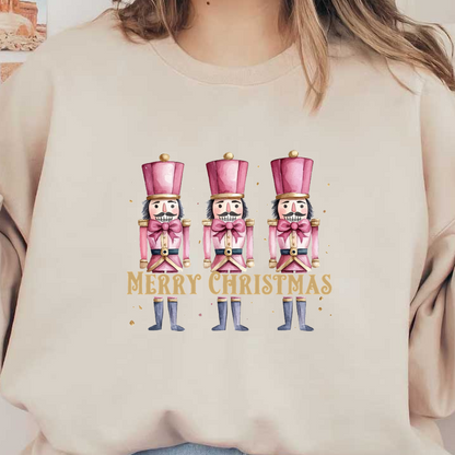 Festive illustration featuring three cheerful pink nutcracker soldiers with a "Merry Christmas" greeting below them. dtf transfers