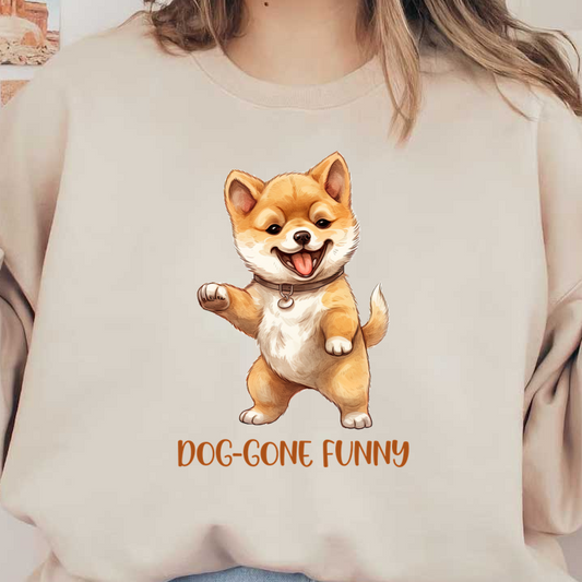 Un alegre dibujo animado de Shiba Inu con una expresión juguetona, que muestra su ternura y encanto bajo el texto "DOG-GONE FUNNY".