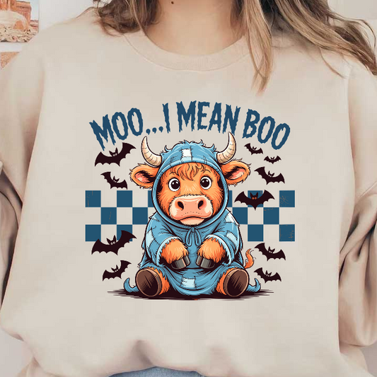 A cute cow in a blue hoodie playfully says "Moo... I mean Boo!"DTF Transfers